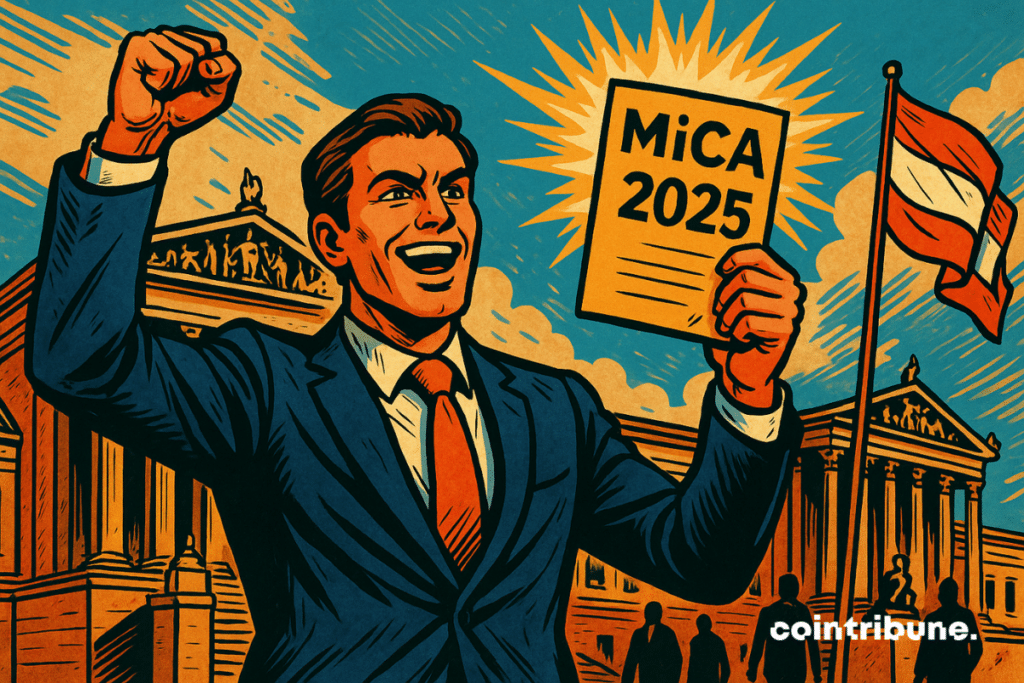 Ilustração em estilo de quadrinhos dos anos 70 mostrando um homem triunfante em frente ao Parlamento de Viena, erguendo a licença MiCA 2025 com a bandeira da Áustria ao fundo.