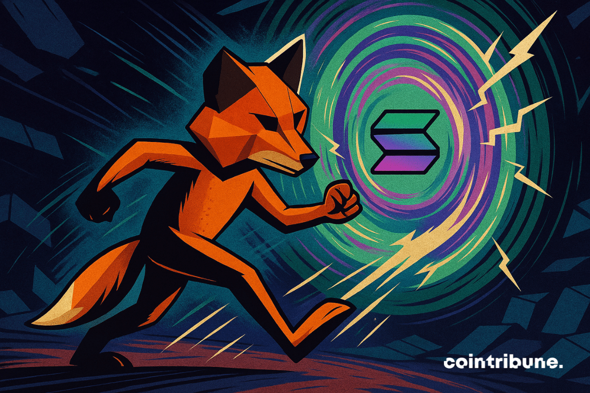 A raposa da MetaMask atravessando um portal interdimensional da Solana dentro do universo cripto.
