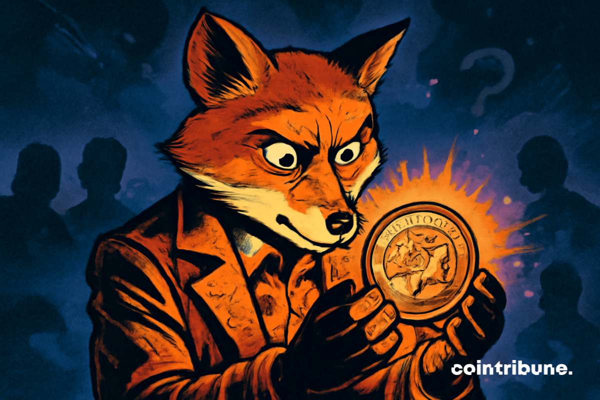 A imagem mostra uma raposa antropomórfica, inspirada no logotipo da MetaMask, segurando uma criptomoeda brilhante.