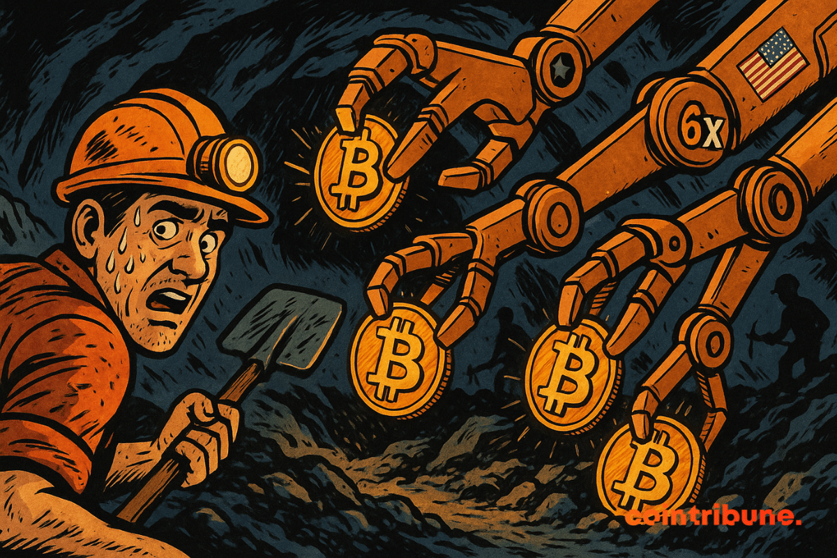 Ilustração de um minerador de bitcoin exausto olhando com espanto para braços robóticos marcados com “6x”.