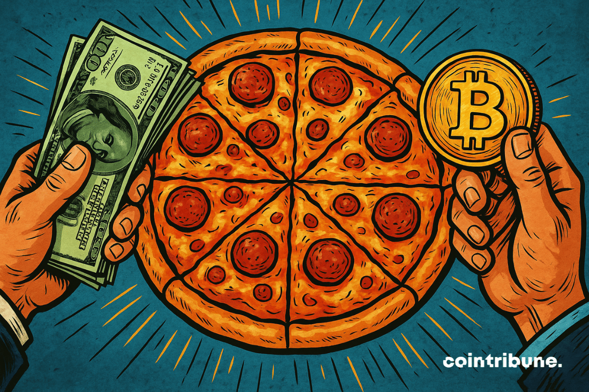 Uma pizza grande e apetitosa fica no centro da imagem, ilustrada no estilo de história em quadrinhos dos anos 1970. À esquerda, uma mão firme segura um maço de notas de dólar, enquanto à direita, outra mão segura uma moeda de ouro marcada com o símbolo Bitcoin. As cores são vivas, os contornos pronunciados e as linhas dinâmicas ressaltam a tensão da troca entre o dinheiro tradicional e a criptomoeda.