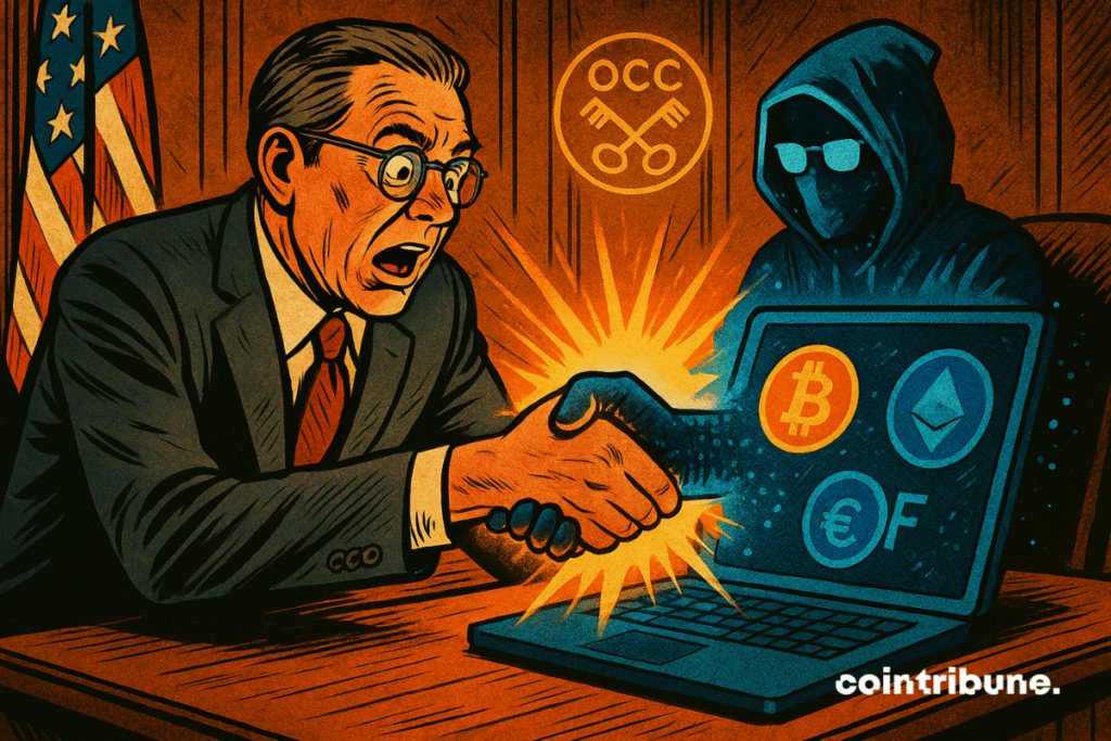A shocked U.S. official shakes hands with a mysterious hooded figure emerging from a laptop displaying crypto logos like Bitcoin and Ethereum.