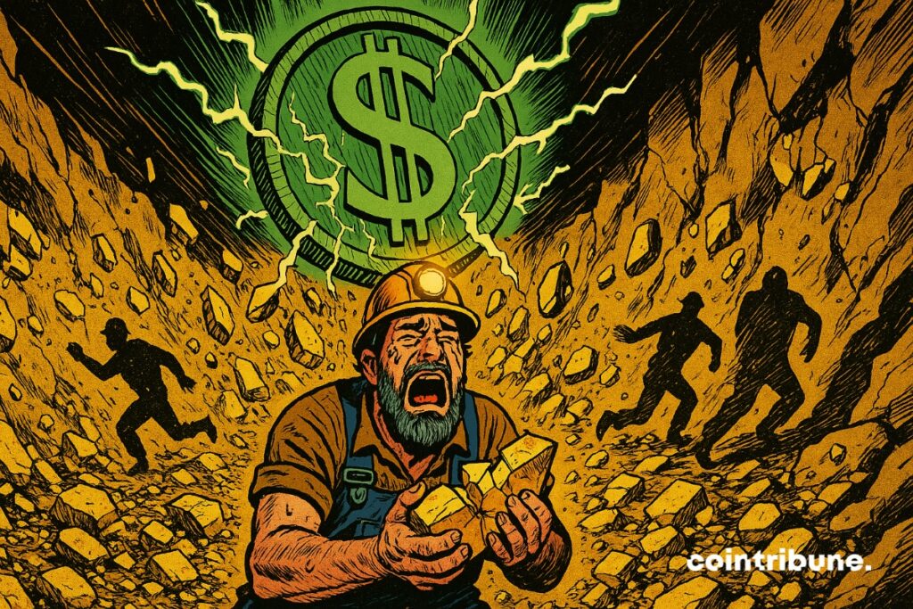 Un mineur d’or en pleur parce que le métal jaune chute, face à la hausse du Dollar puissant qui écrase la mine.