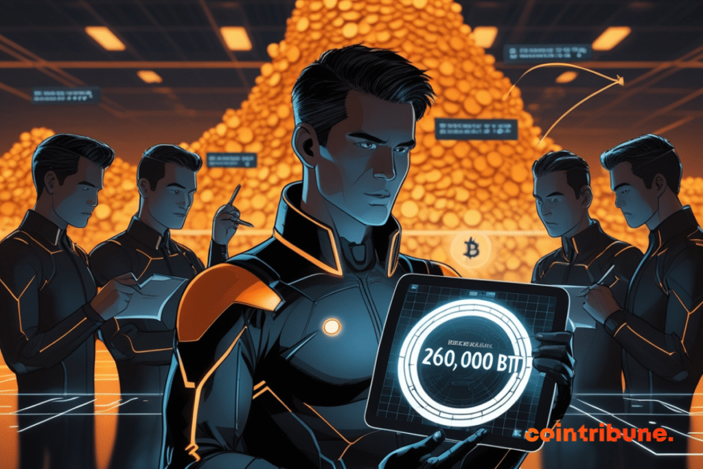 Personajes futuristas viendo una tableta con 260.000 BTC