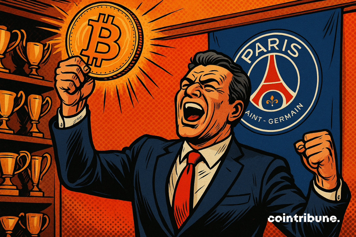 O presidente do PSG ergue um Bitcoin como se fosse um troféu.