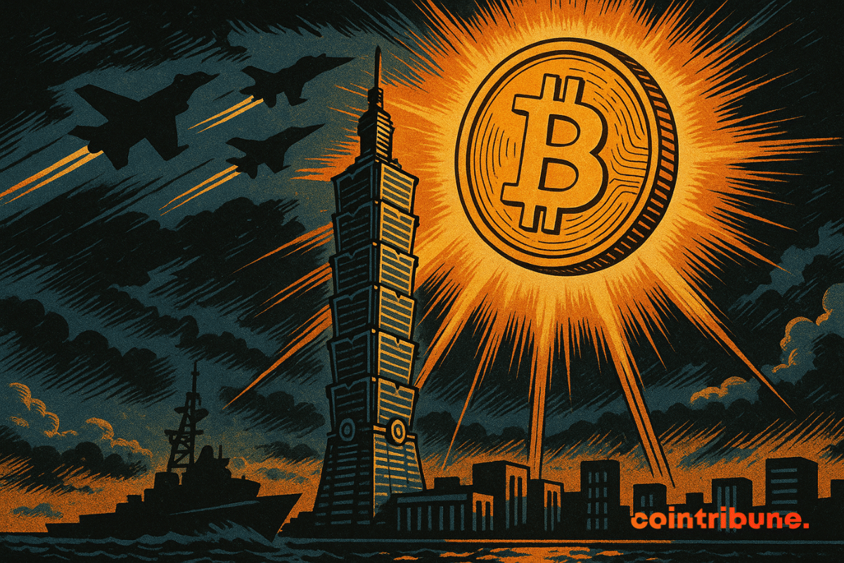 Uma enorme moeda de Bitcoin brilha como um escudo solar acima da torre Taipei 101, iluminando a cidade enquanto caças e navios de guerra se aproximam sob céus tempestuosos. No estilo de história em quadrinhos dos anos 1970, a ilustração contrasta a luz protetora do Bitcoin com a ameaça sombria do embargo chinês, com cores contrastantes laranja e azul meia-noite aumentando a tensão dramática.