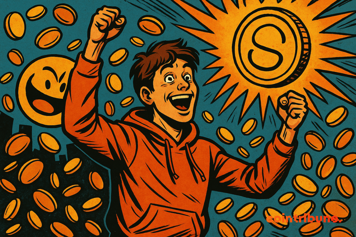 Ilustração de um jovem designer com um moletom laranja exultando sob uma chuva de fichas douradas, cercado por símbolos de criptografia e flashes de luz