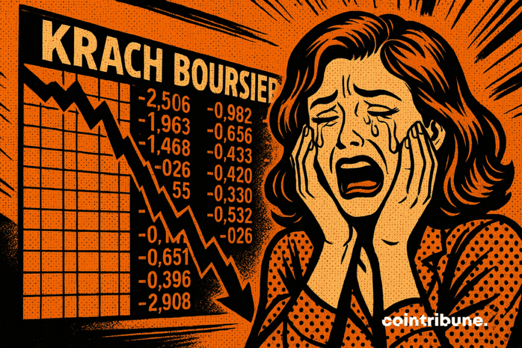Une illustration de style bande dessinée rétro sur fond orange montrant une femme en détresse qui pleure, face à un graphique boursier en chute libre