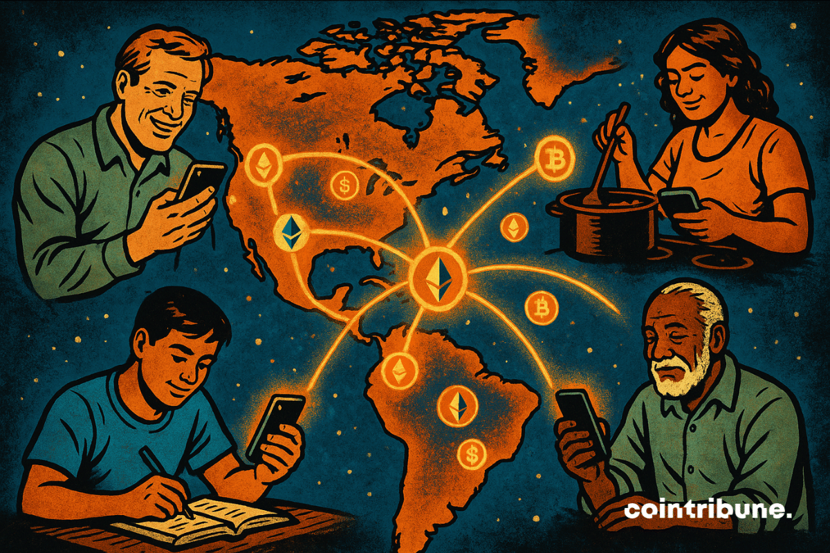 Pessoas nas Américas estão usando smartphones para enviar e receber remessas, representadas por ícones brilhantes de criptomoedas como Bitcoin e Ethereum, conectando países.