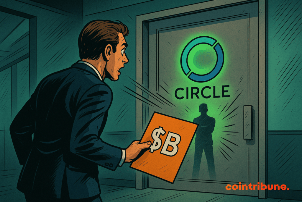 Um homem de terno segura uma placa “$B” e se dirige a uma porta de vidro que exibe o logotipo iluminado da Circle, atrás da qual está uma silhueta.