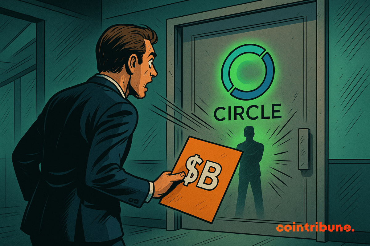 Um homem de terno segura uma placa “$B” e se dirige a uma porta de vidro que exibe o logotipo iluminado da Circle, atrás da qual está uma silhueta.