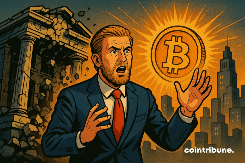 Cidade futurista ao fundo, plano médio centrado em Eric Trump, investidor em cripto, em pé nos degraus de um banco.