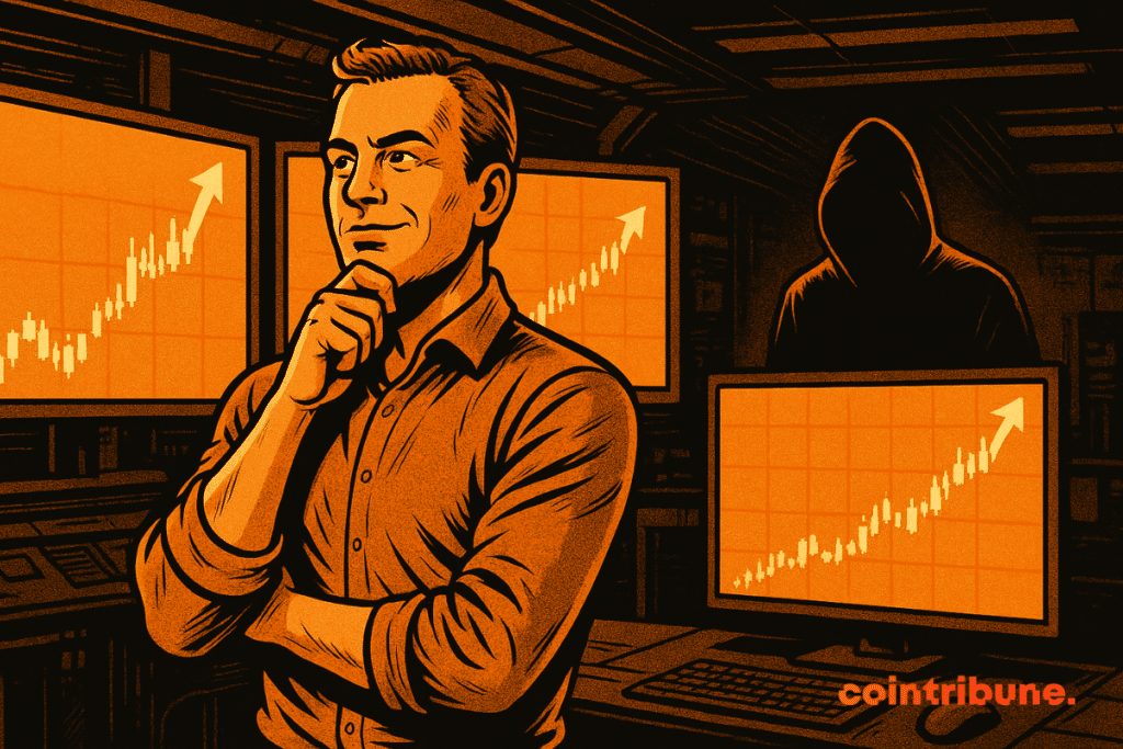 Un inversor de criptomonedas solo, de pie frente a varias pantallas que muestran gráficos alcistas, con un aire confiado pero distraído, mientras una sombra sutil en el fondo (que simboliza una amenaza digital o una estafa) se acerca en un entorno de alta tecnología, lo que representa la advertencia de Binance.