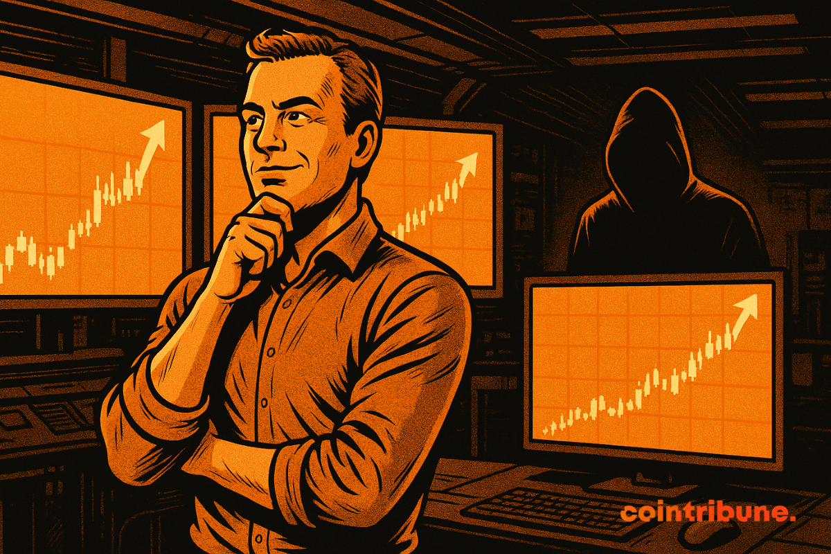 Um investidor de criptomoedas sozinho, em pé diante de várias telas exibindo gráficos em alta, com aparência confiante, porém distraída, enquanto uma sombra sutil ao fundo (simbolizando uma ameaça digital ou golpe) se aproxima em um ambiente de alta tecnologia — representando o alerta da Binance.