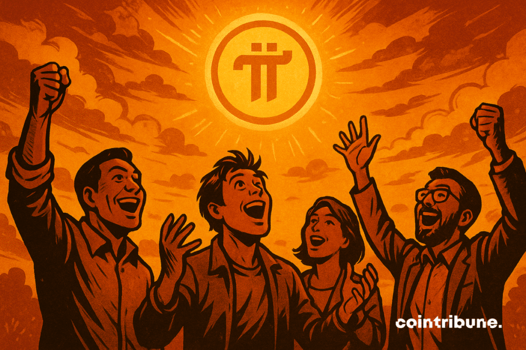 Investidores eufóricos olham para o céu em direção a uma moeda brilhante da criptomoeda Pi Network com seu logotipo.