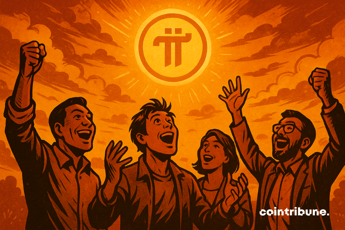 Investidores eufóricos olham para o céu em direção a uma moeda brilhante da criptomoeda Pi Network com seu logotipo.