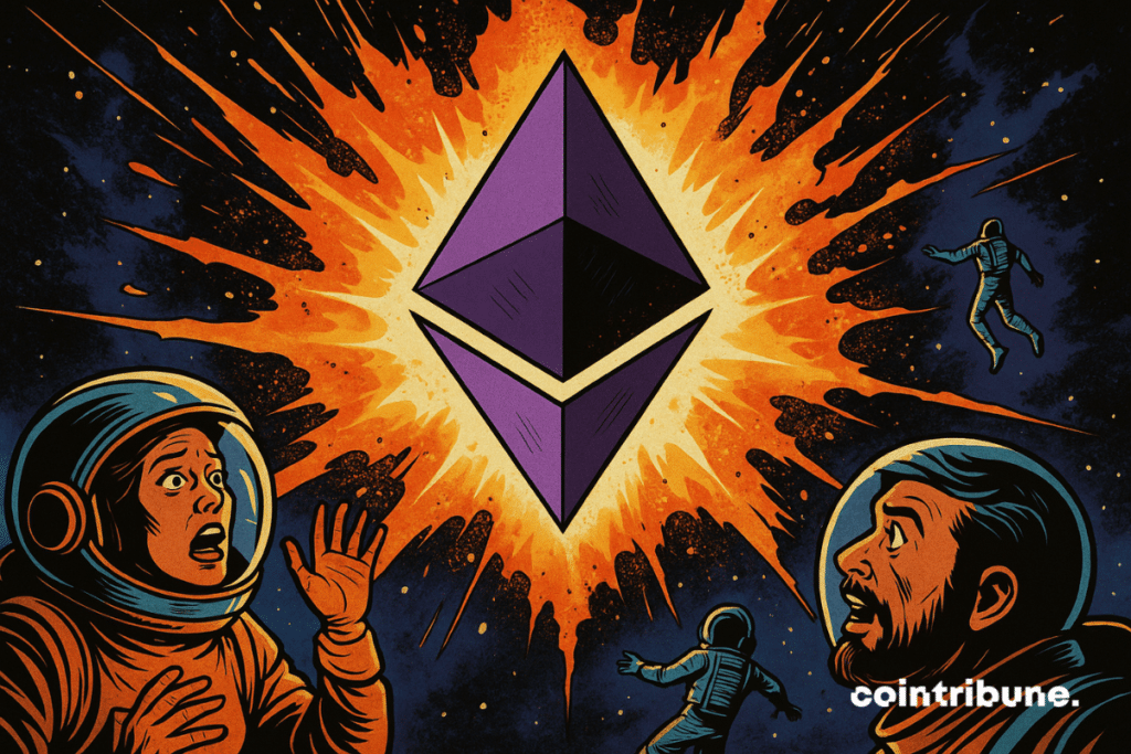 Astronautas asustados flotan en el espacio cerca de un enorme logo de Ethereum que emite una explosión brillante en medio del cosmos.