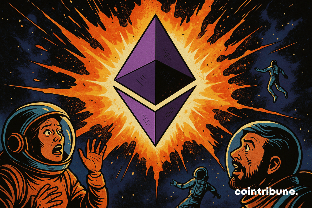 Astronautas assustados vagam pelo espaço ao redor de um enorme logotipo do Ethereum emitindo uma explosão de luz no centro do universo.