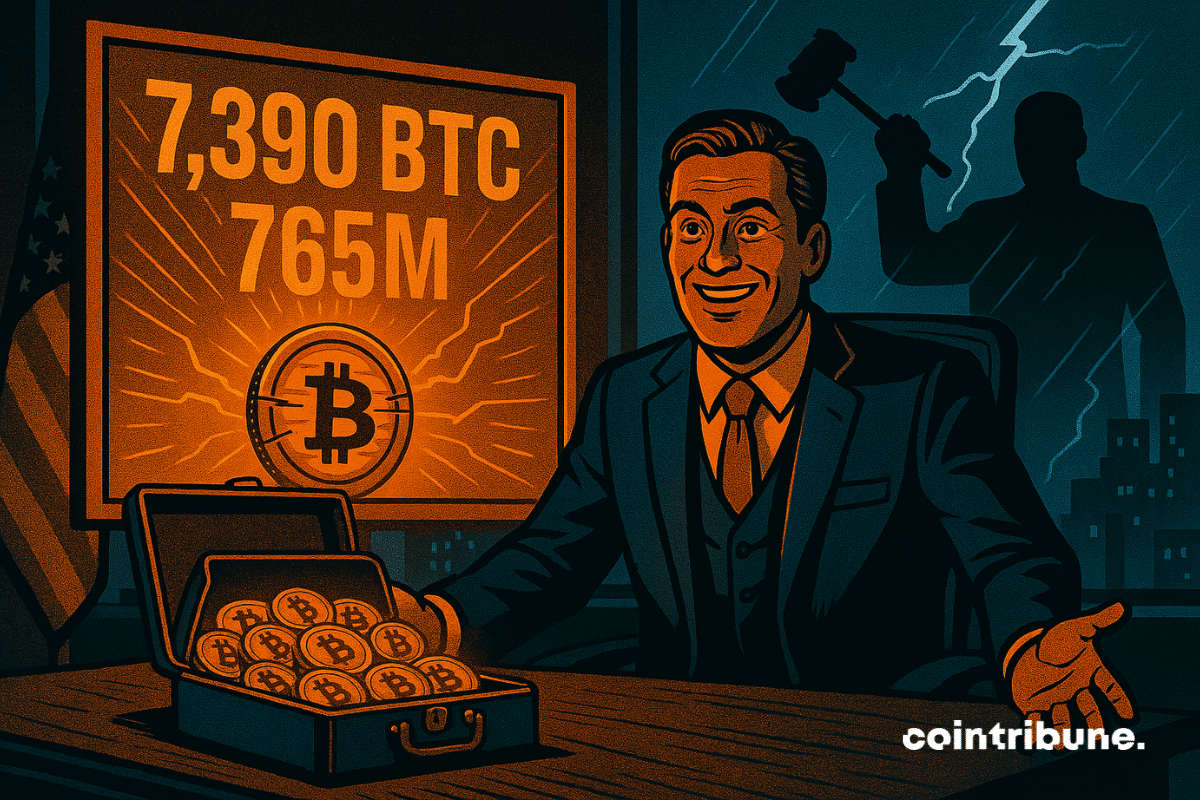 CEO da empresa exibindo sua alegria em frente a um baú cheio de bitcoins e uma tabela de estatísticas