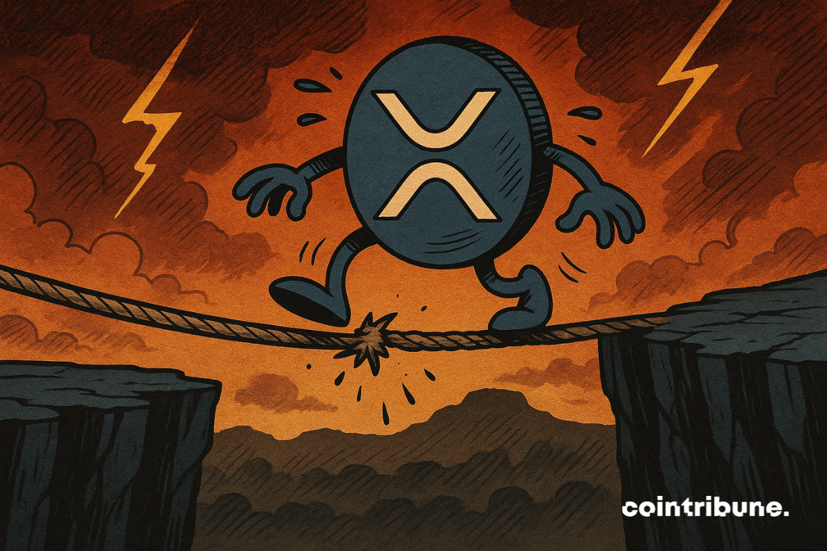 A criptomoeda XRP paira sobre um abismo financeiro, simbolizando o colapso do staking.