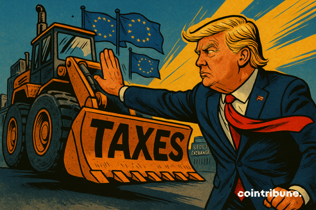 Donald Trump empurrando uma escavadeira estampada com a palavra "impostos" e adornada com bandeiras europeias