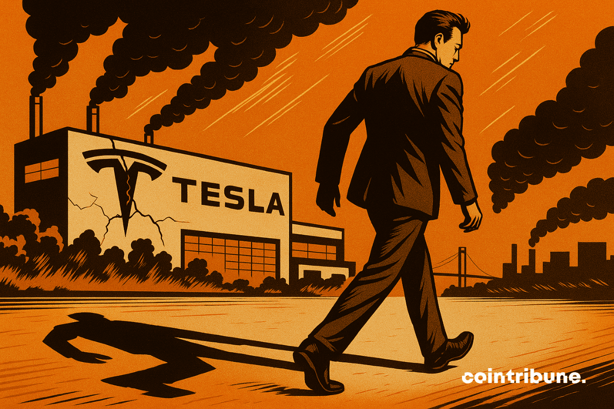 Ilustração de Elon Musk saindo de uma fábrica da Tesla