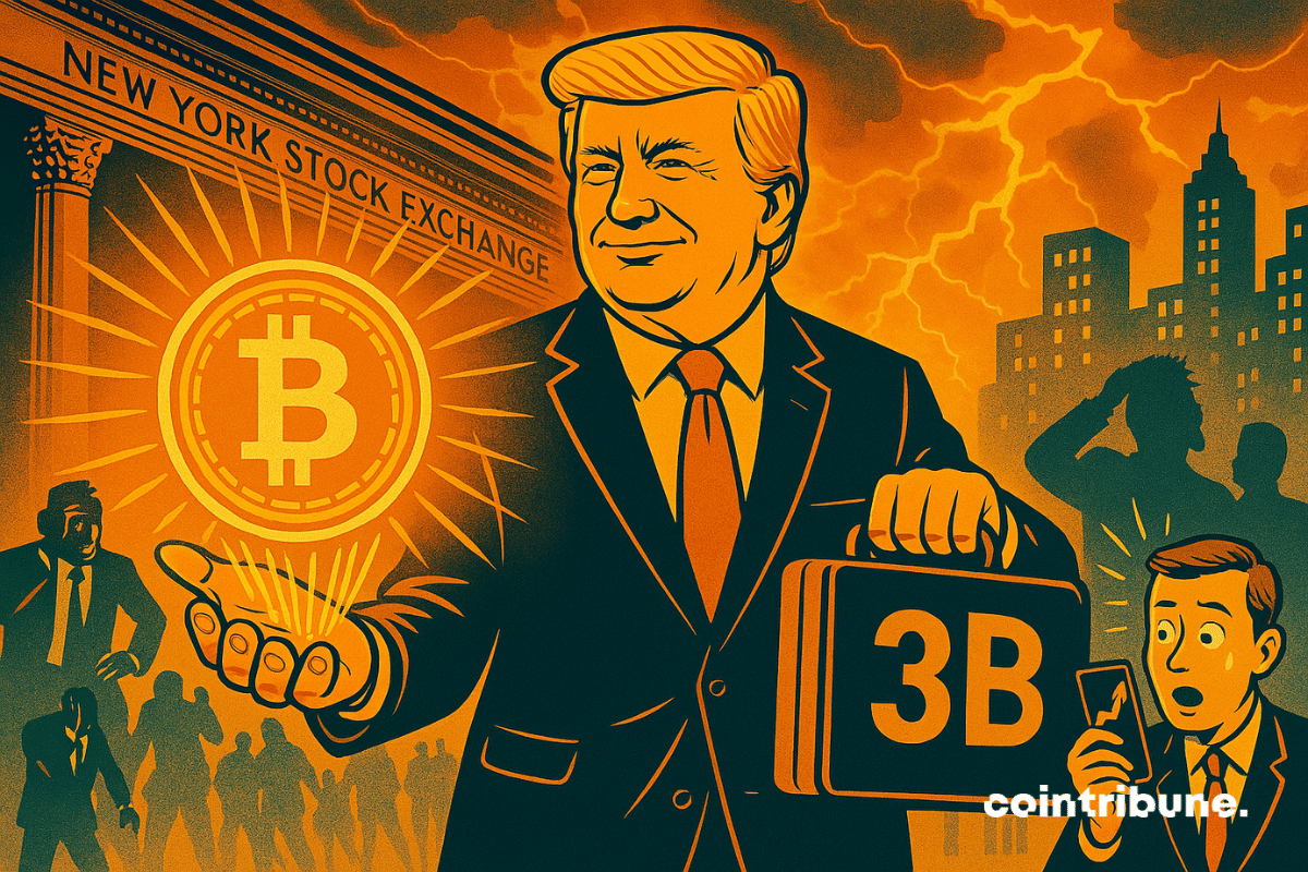 Trump andando pelas ruas de Wall Street com uma pasta de US$ 3 bilhões e um holograma de Bitcoin