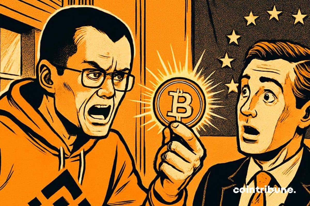 Changpeng Zhao criticando uma autoridade na Europa sobre a inação em relação às criptomoedas, com uma moeda de bitcoin na mão.