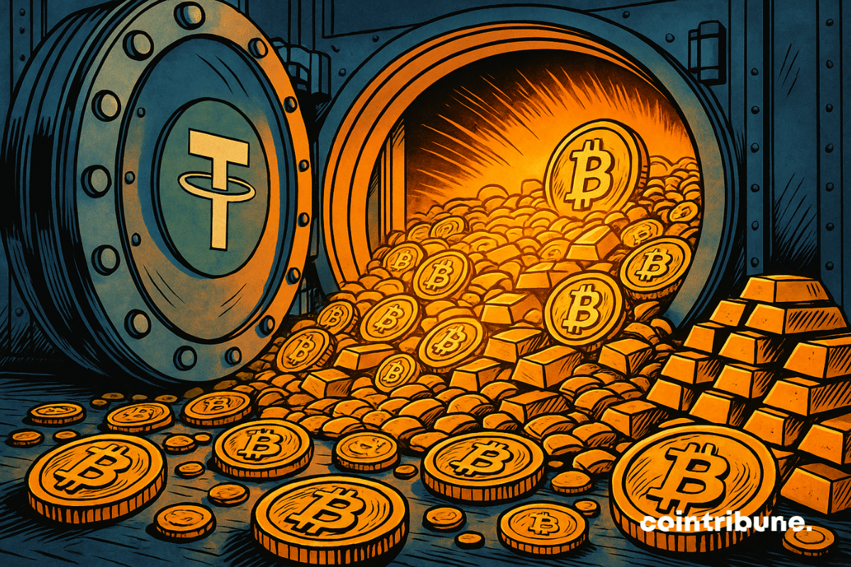 Um cofre gigantesco se abre, revelando um oceano de Bitcoins e barras de ouro que simboliza o patrimônio da Tether.