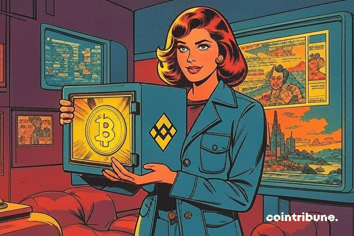 Mulher ucraniana segurando um cofre com os logotipos do Bitcoin e da Binance entre as mãos