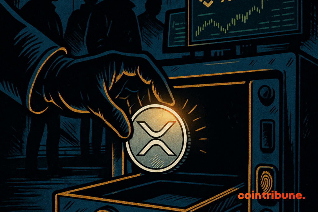 Uma figura anônima, apenas uma mão enluvada aparece no centro, colocando suavemente uma moeda brilhante de XRP no cofre.