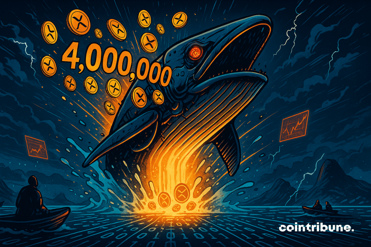 O observador olha para cima quando uma baleia gigantesca, meio cibernética, meio biológica, irrompe da água como um míssil. A superfície da água é fraturada, causando uma explosão de criptomoeda XRP ao redor dela.