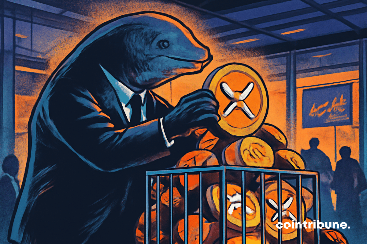 Uma baleia cripto gigante está colocando quantidades massivas de XRP (representadas por peças gigantes) em um tanque metálico, simbolizando a acumulação massiva.