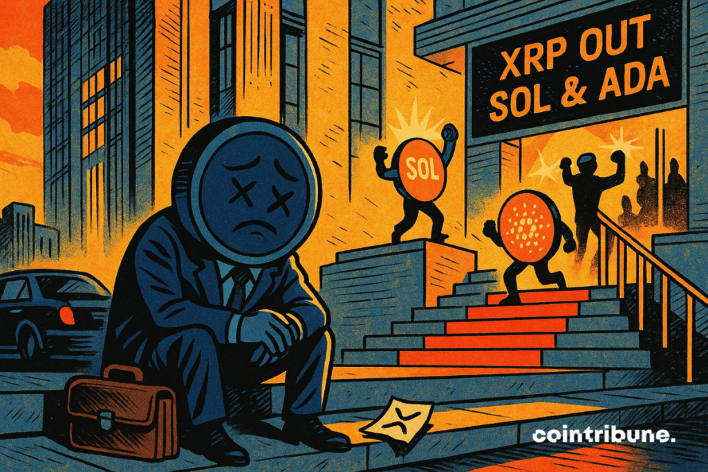 XRP, représenté en personnage en costume avec un visage triste, est assis seul sur les marches, mallette vide à ses pieds. En arrière-plan, les personnages de la crypto SOL et ADA montent triomphalement un tapis rouge.