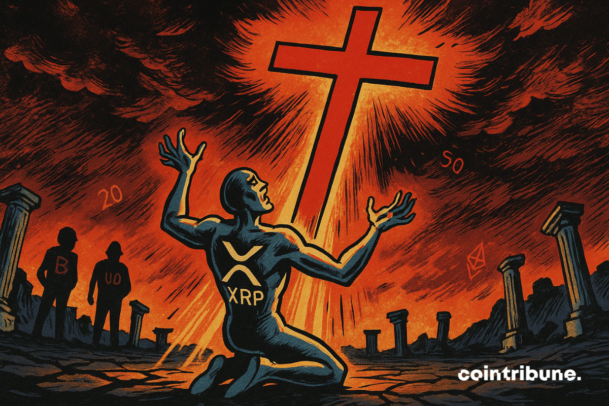 A cripto XRP julgada sob uma cruz celestial.