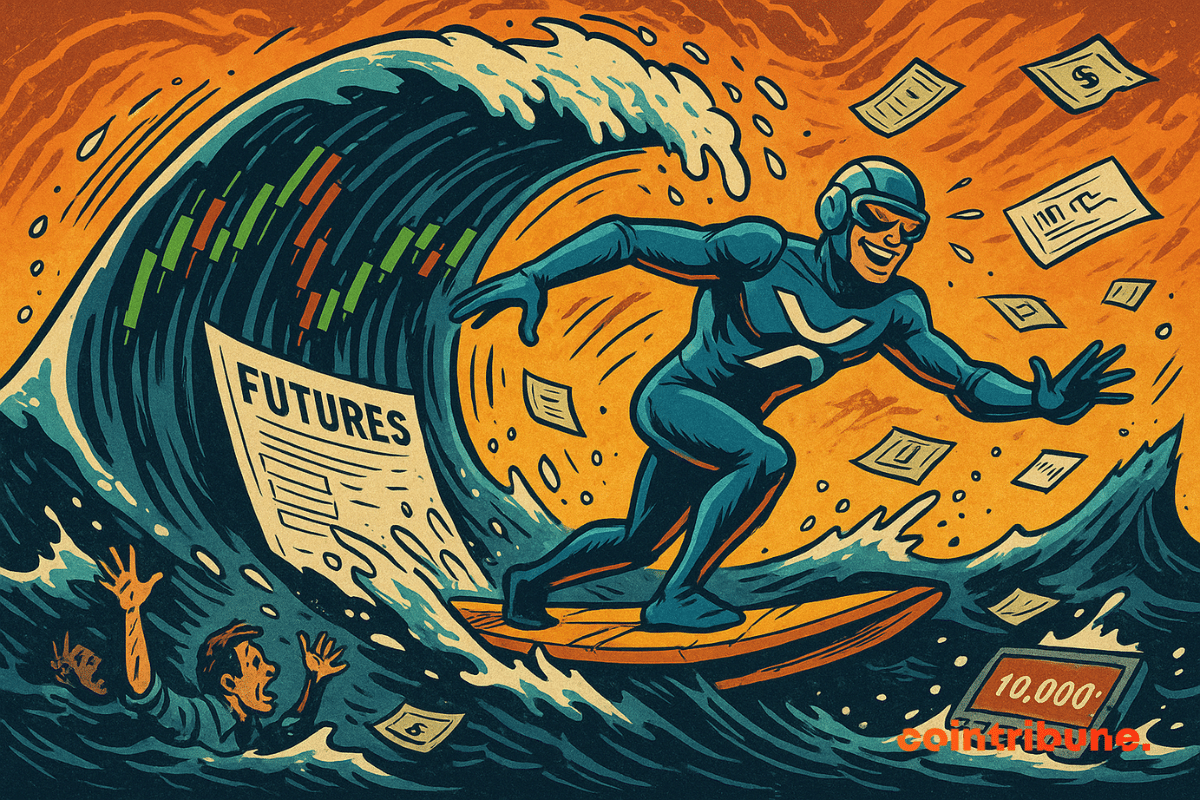 Um surfista de XRP em uma onda de contratos explosivos, simbolizando a especulação no mundo cripto.