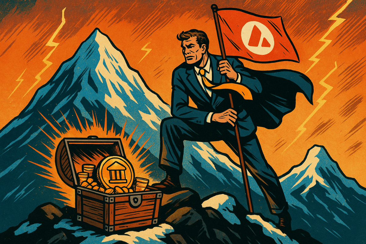 Um empresário triunfante finca uma bandeira vermelha com o logotipo da Avalanche no topo de uma montanha, ao lado de um baú de tesouro cheio de moedas, tendo como pano de fundo tempestades e relâmpagos.