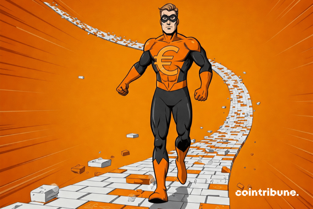 Un super-héros avec un logo euro marchant fièrement sur une route pavée de blocs blockchain crypto