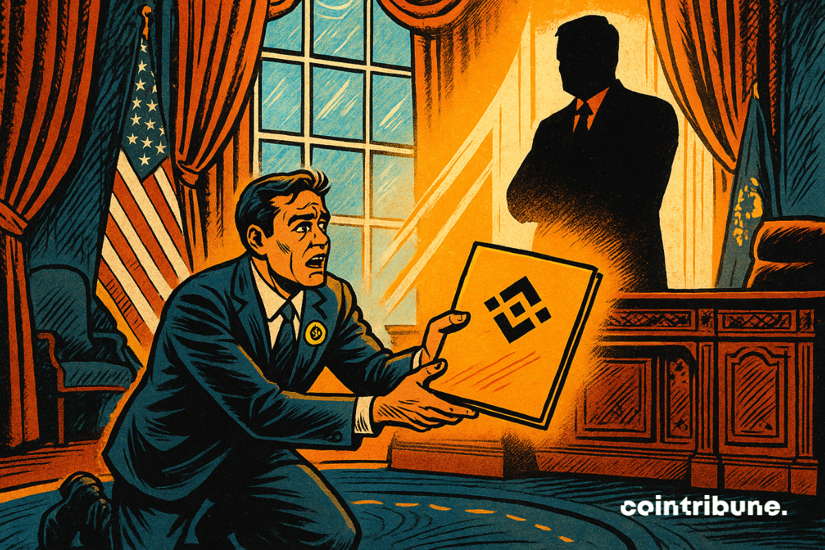 Um homem de terno preto com o logotipo da Binance em um medalhão, de joelhos, segurando uma pasta marcada com o logotipo da Binance.