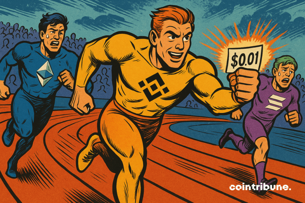 Plano general de estilo olímpico, pista de circuito digital futurista. Binance BNB como figura atlética, por delante de Ethereum y Solana.