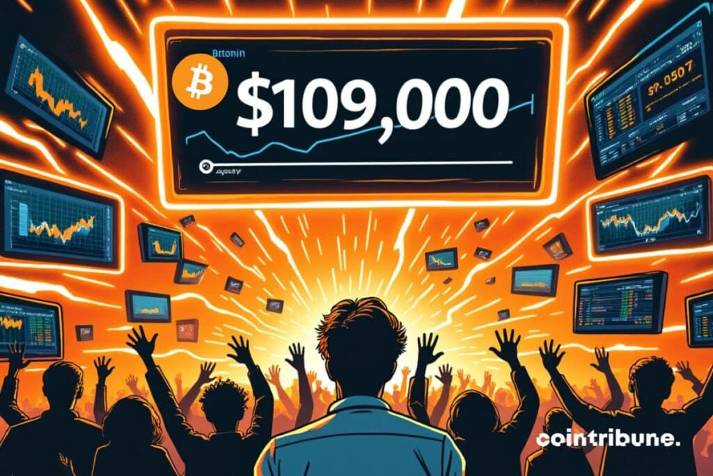 Investidores de Bitcoin em uma bolsa estão exultantes quando o BTC atinge uma nova máxima histórica de US$ 109.000.