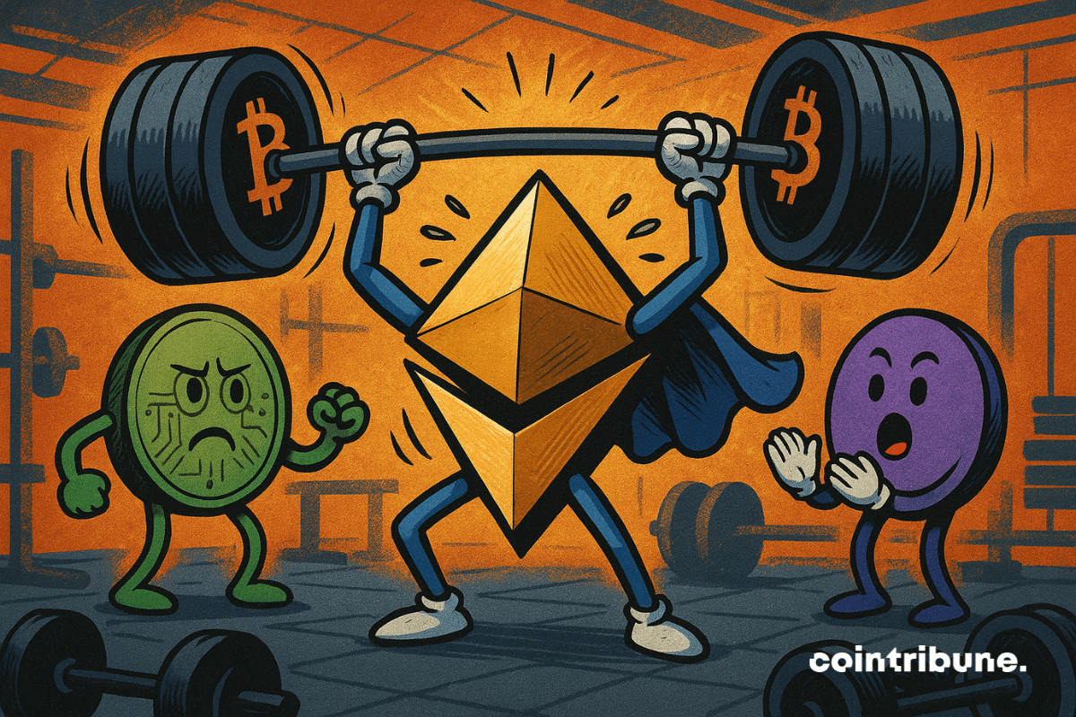 Ethereum personificado como um general de guerra estilizado, com uma capa esvoaçante e uma armadura com padrões geométricos, erguendo o Bitcoin. Olhando para trás, mostra o caminho para um exército de altcoins.