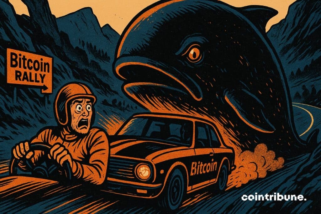 Una enorme y aterradora ballena de Bitcoin que impide que el rally de BTC continúe. Un piloto de rally asustado en primer plano.