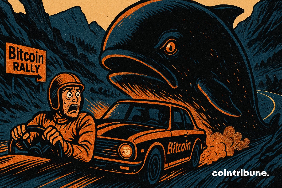 Uma enorme e assustadora baleia de bitcoin que está impedindo que o rali do BTC continue. Um piloto de rali assustado em primeiro plano.