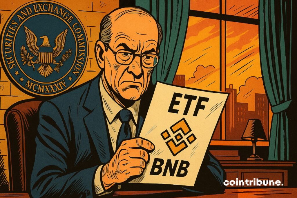 Um funcionário da SEC segurando o formulário de registro de VanEck para um ETF de BNB.