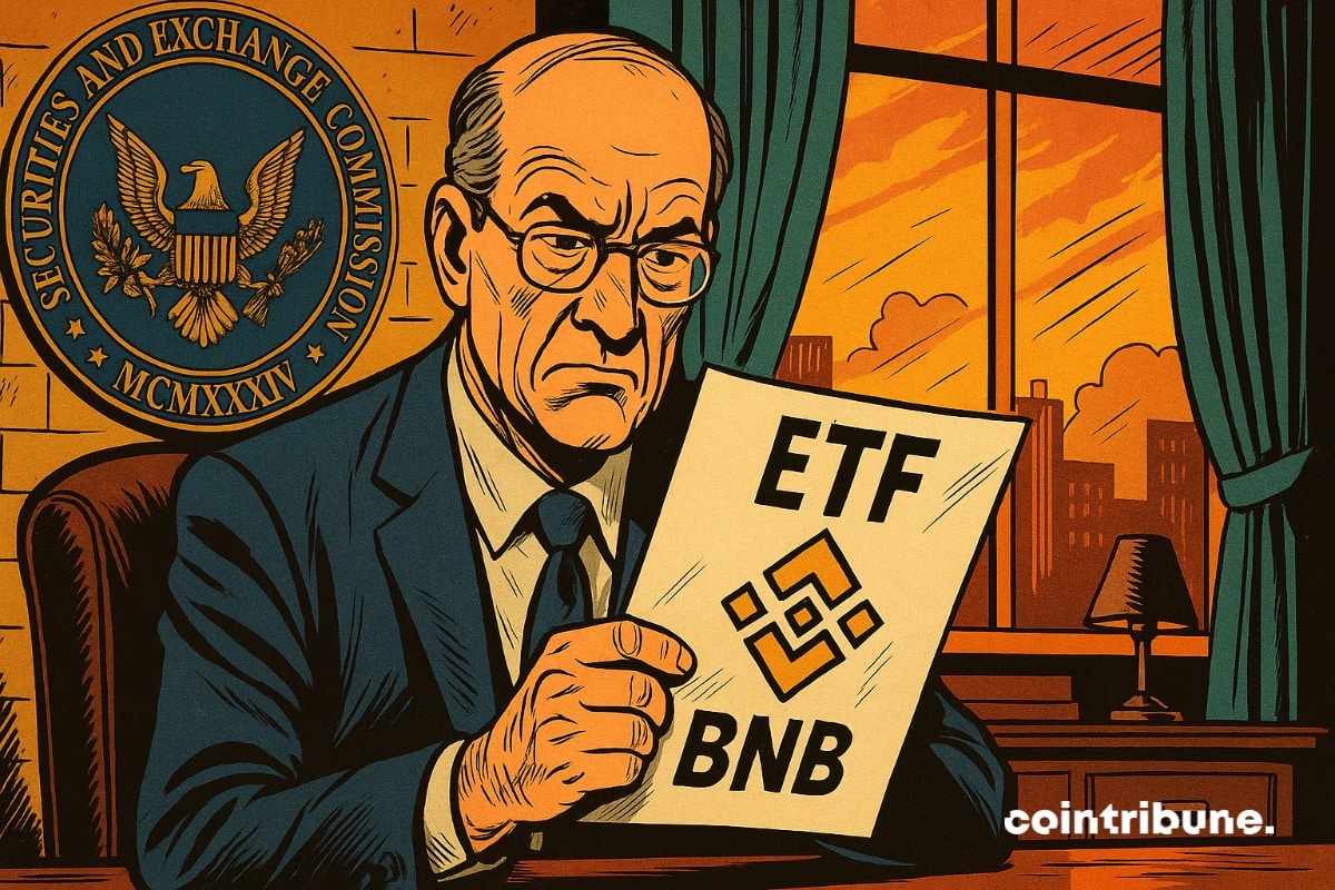 Um funcionário da SEC segurando o formulário de registro de VanEck para um ETF de BNB.