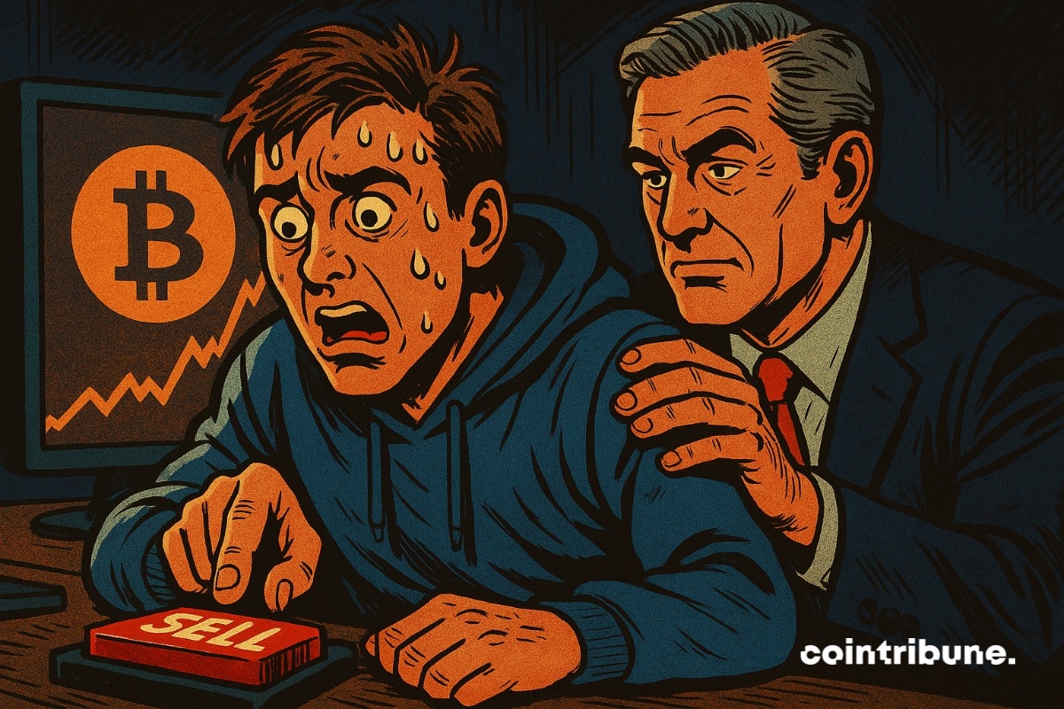 Um jovem investidor em bitcoin está pronto para vender bitcoins, e um trader experiente o tranquiliza e o faz esperar.