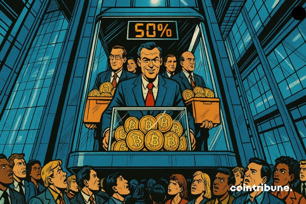 Algunos representantes de empresas sostienen cajas llenas de bitcoins. Otros inversores observan consternados.