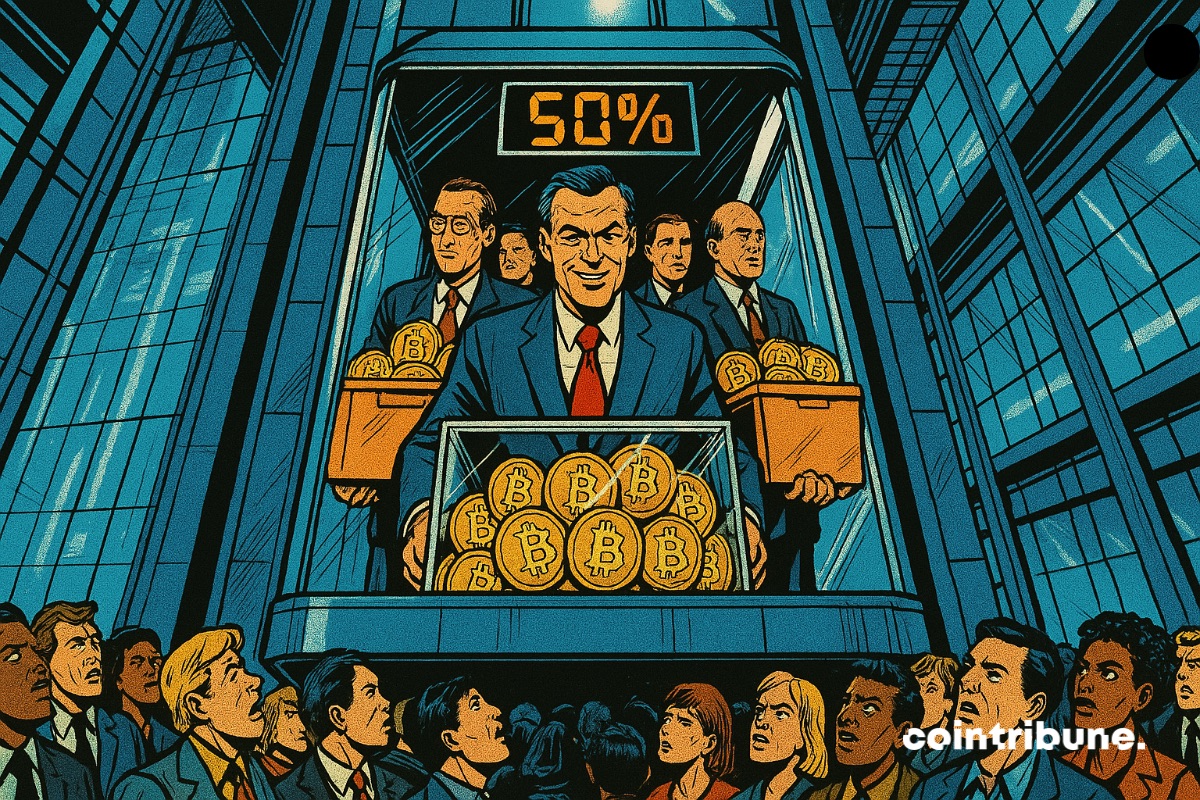 Alguns representantes de empresas seguram caixas cheias de bitcoins. Outros investidores observam consternados.