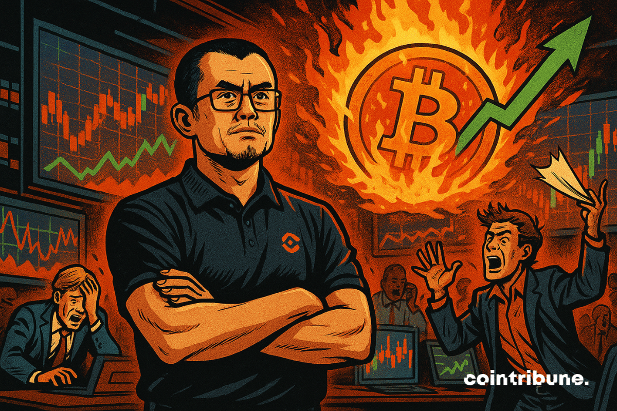 CZ em pé no centro, braços cruzados, expressão serena, olhando para frente. Uma tela atrás dele mostra uma flecha verde gigante voando sobre um logotipo do Bitcoin em chamas.